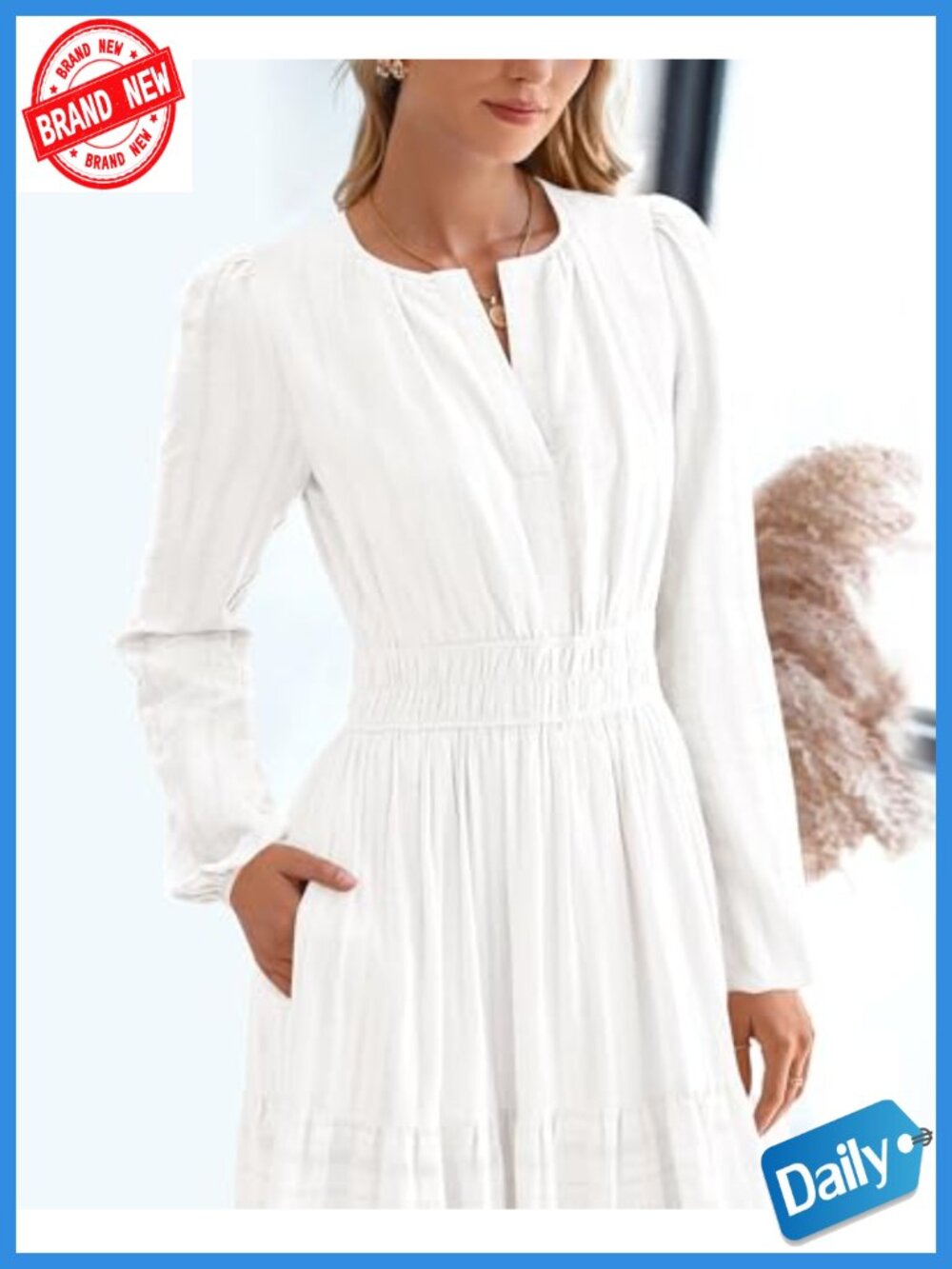 Long Sleeve V Neck Maxi Dress with Pockets Elastic Waist Tiered Ruffle A-Line - Picture 5 of 6
